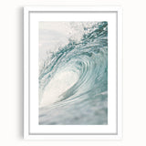 Abstract art print featuring swirling blue and white patterns on a framed canvas, suitable for bedroom or dining room decor.