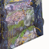 Large abstract wall art print featuring swirling blue and yellow hues on acrylic glass.