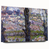 Large abstract wall art print featuring swirls of blue and yellow on acrylic glass, ideal for bedroom or dining room decor.