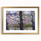 Abstract art print featuring swirls in blue and yellow tones on a gold-framed canvas, suitable for dining room decor.