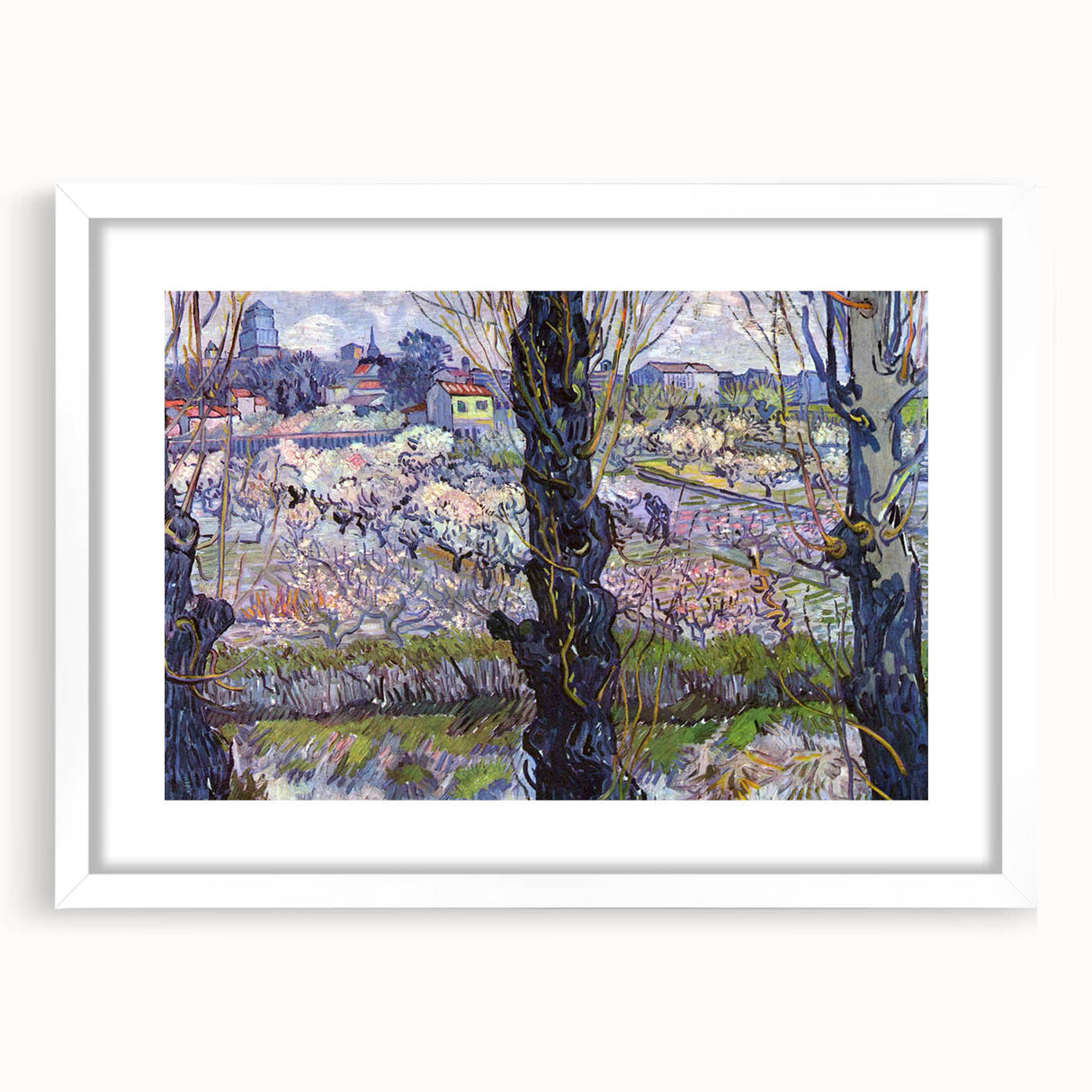 Textured abstract art print with swirls of blue and yellow on a white framed canvas, ideal for bedroom wall decor.