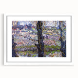 Textured abstract art print with swirls of blue and yellow on a white framed canvas, ideal for bedroom wall decor.