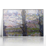 Mid-century modernist art depicting a stylized cityscape in acrylic with muted gray and blue tones, framed in white.