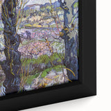 Close-up of a textured, extra large framed canvas depicting Van Gogh-inspired black wall art with colorful accents.
