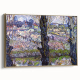 Vintage-style framed canvas of a landscape painting with gold hues, ideal for bedroom wall art.