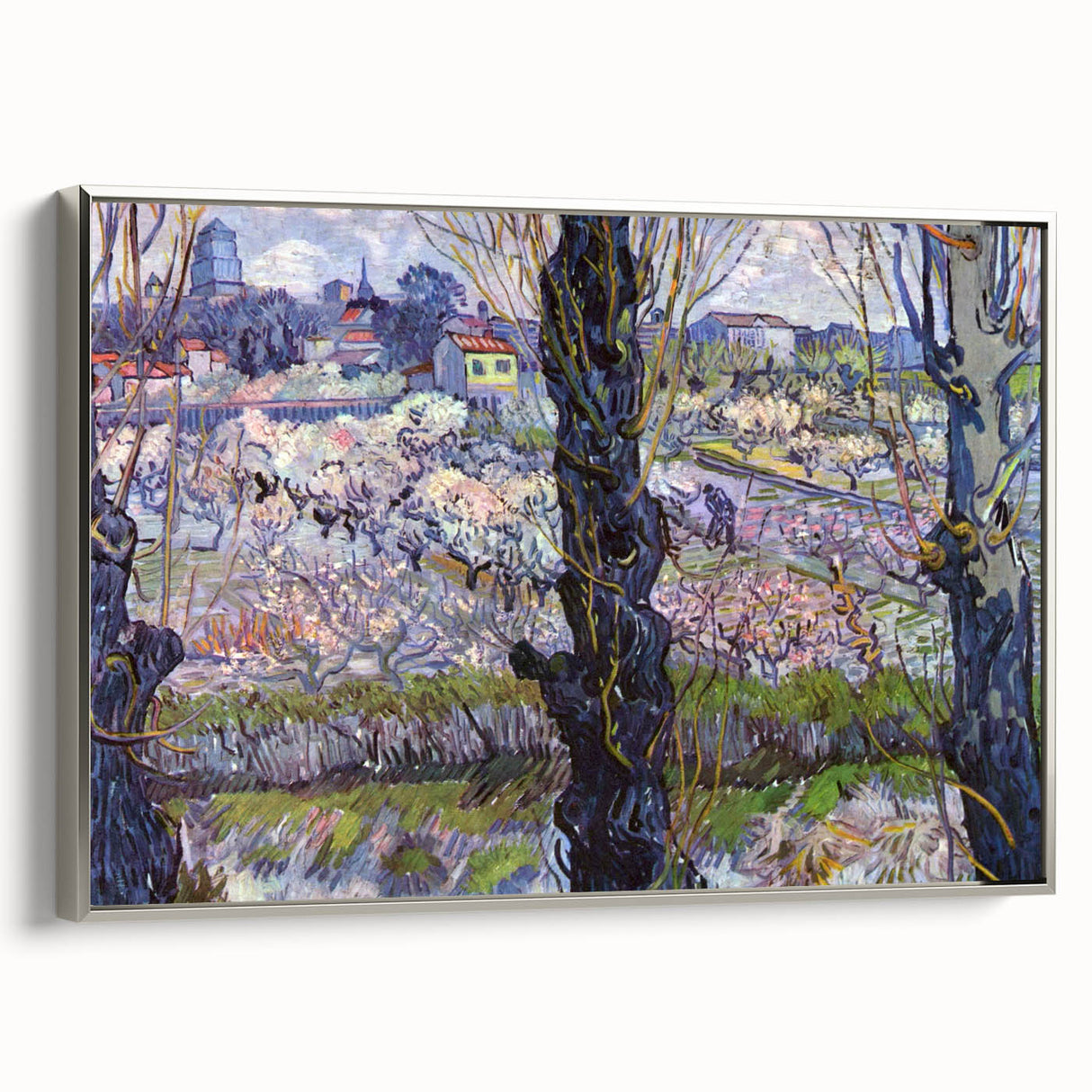 Landscape art painting of a vibrant starry night sky over a quaint village, printed on a silver-framed canvas.