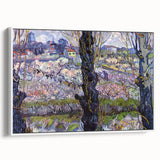 Vintage poster art of Van Gogh's painting on framed canvas, featuring vibrant colors against a black background.