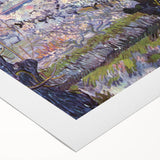 Art deco poster featuring a stylized Van Gogh portrait in vibrant blues and yellows on rolled canvas.