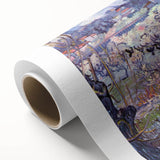 Art Deco style poster of a starry night with a swirling sky in blue and yellow tones on rolled canvas.