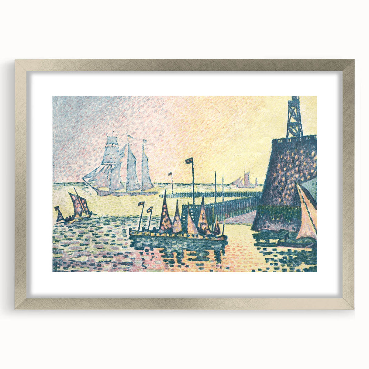 Modern Wall Art: Evening Harbor with Pointillist Sunset Glow