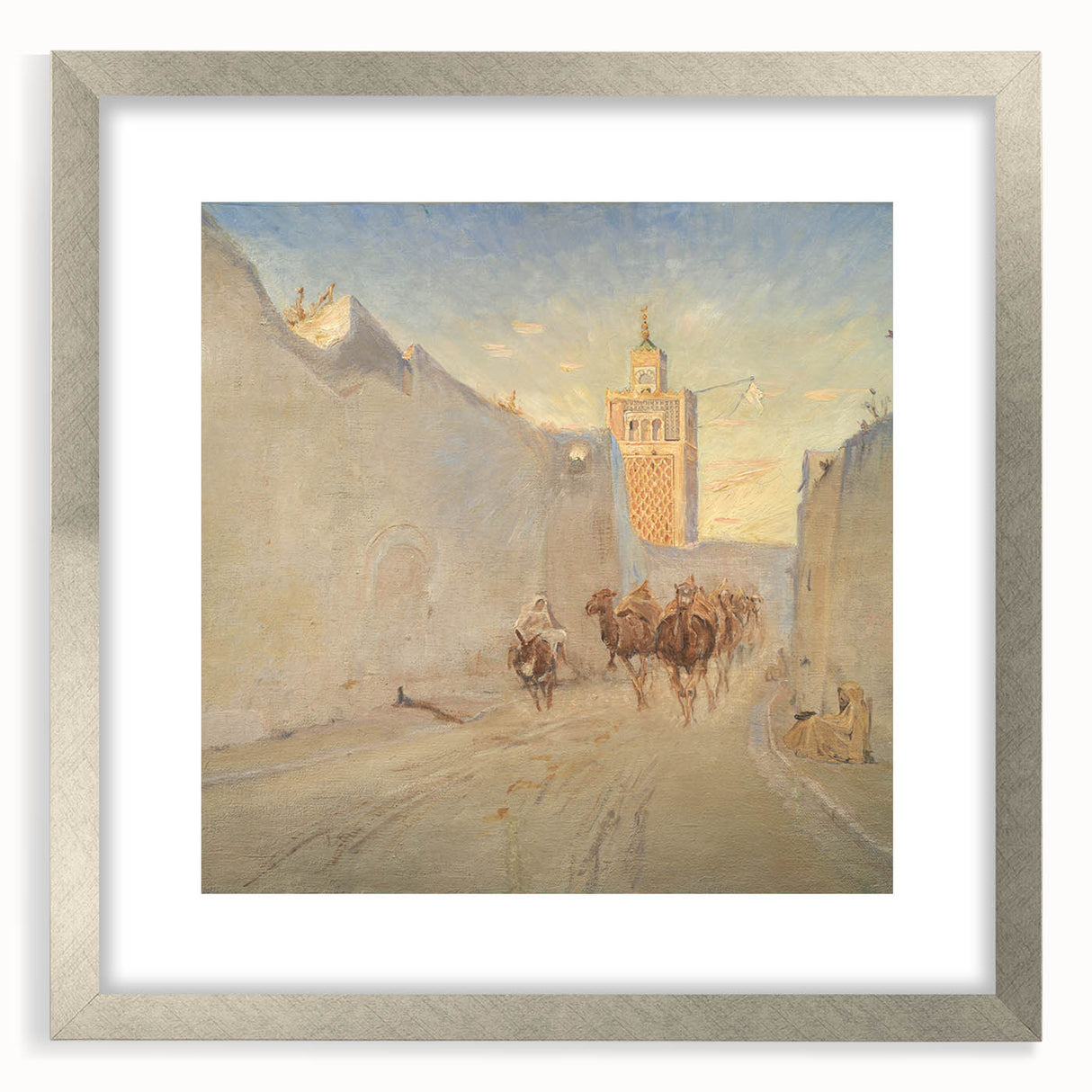 Modern Wall Art: Tranquil Street Scene with Camels in Tunis