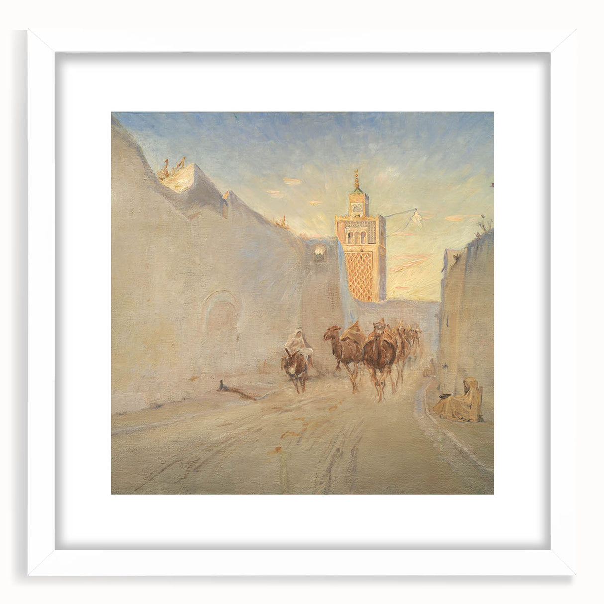 Modern Wall Art: Tranquil Street Scene with Camels in Tunis