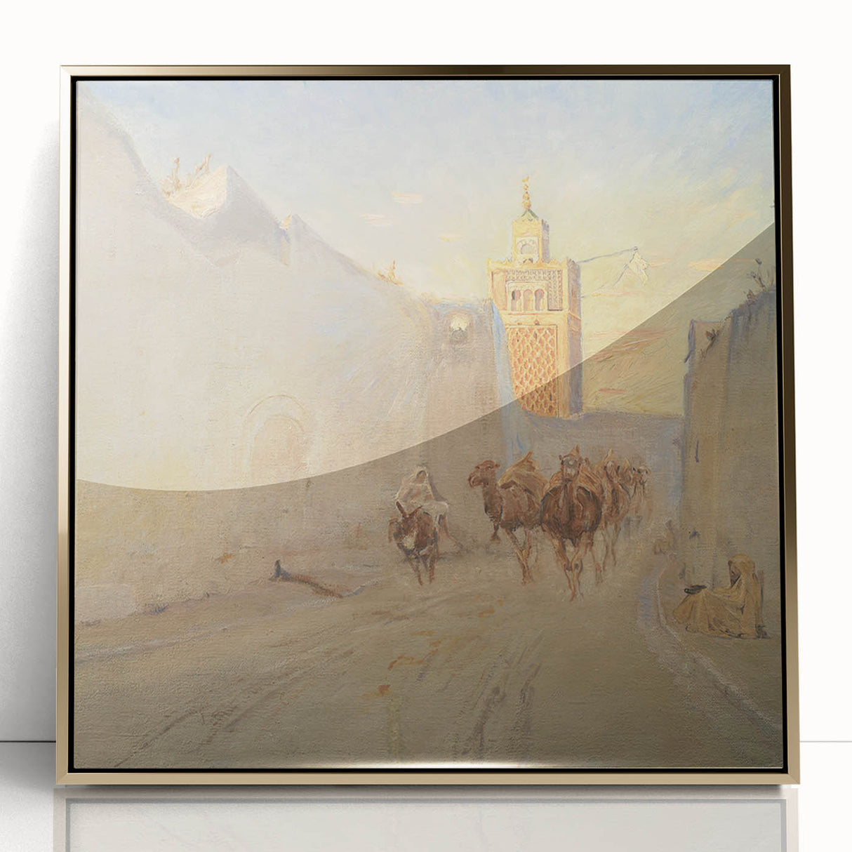 Modern Wall Art: Tranquil Street Scene with Camels in Tunis