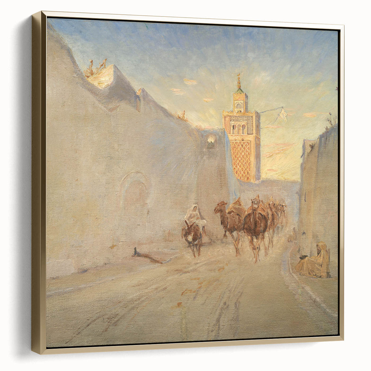 Modern Wall Art: Tranquil Street Scene with Camels in Tunis
