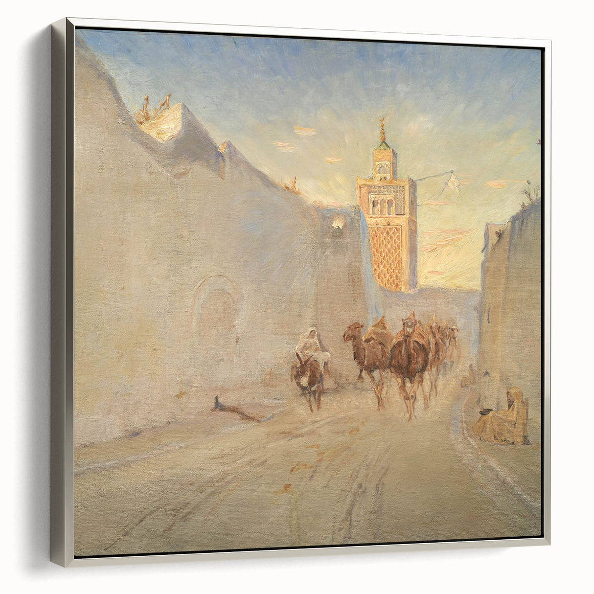 Modern Wall Art: Tranquil Street Scene with Camels in Tunis