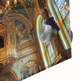 Close-up of a vibrant acrylic glass artwork depicting a picturesque castle landscape, showcasing intricate details and rich colors, perfect for home decor.