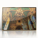 Framed acrylic artwork showcasing a majestic castle landscape with gold accents. The piece features vibrant colors and intricate details, perfect for home decor.