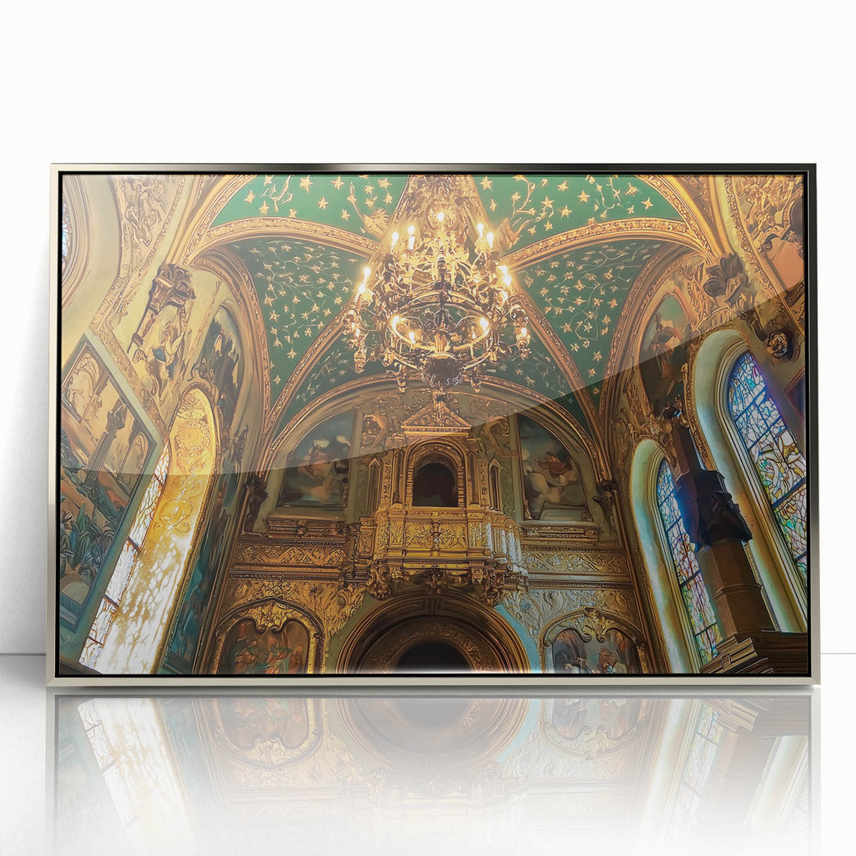 Framed acrylic artwork showcasing a detailed landscape of a majestic castle, set against a serene backdrop of rolling hills and a clear blue sky, perfect for home decor.