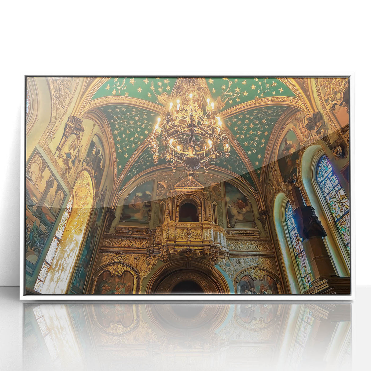 Framed acrylic artwork depicting a serene landscape with a castle, set in a white frame, perfect for home decor and enhancing interior aesthetics. Ideal for art enthusiasts and collectors.