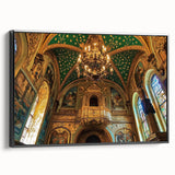 Framed canvas print showcasing a stunning landscape of a medieval castle set against a vibrant sunset, featuring a sleek black frame that enhances its elegance. Perfect for adding a touch of sophistication to any home decor.