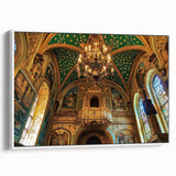 Framed canvas artwork showcasing a picturesque landscape with a majestic castle, presented in a white frame, enhancing the elegance of home decor. Ideal for art lovers seeking to elevate their interior aesthetics.