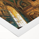 Rolled canvas artwork showcasing a picturesque landscape with a medieval castle set against a vibrant sunset, elegantly packaged in a protective cardboard tube.