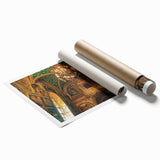 Rolled print showcasing a picturesque landscape with a majestic castle set against a vibrant sky, elegantly packaged in a protective cardboard tube for safe delivery.