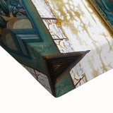 Close-up of a vibrant landscape canvas print showcasing a majestic castle surrounded by lush greenery, ideal for home decor and art enthusiasts.