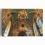Stretched canvas artwork depicting a scenic view of a majestic castle surrounded by lush landscapes, showcasing vibrant colors and intricate details, perfect for home decor.