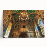 Stretched canvas art depicting a serene landscape with a majestic castle, surrounded by lush greenery and a clear blue sky, perfect for home decor.