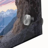 Close-up view of a vibrant acrylic artwork depicting abstract landscapes and caves, featuring rich colors and intricate details, perfect for modern home decor.