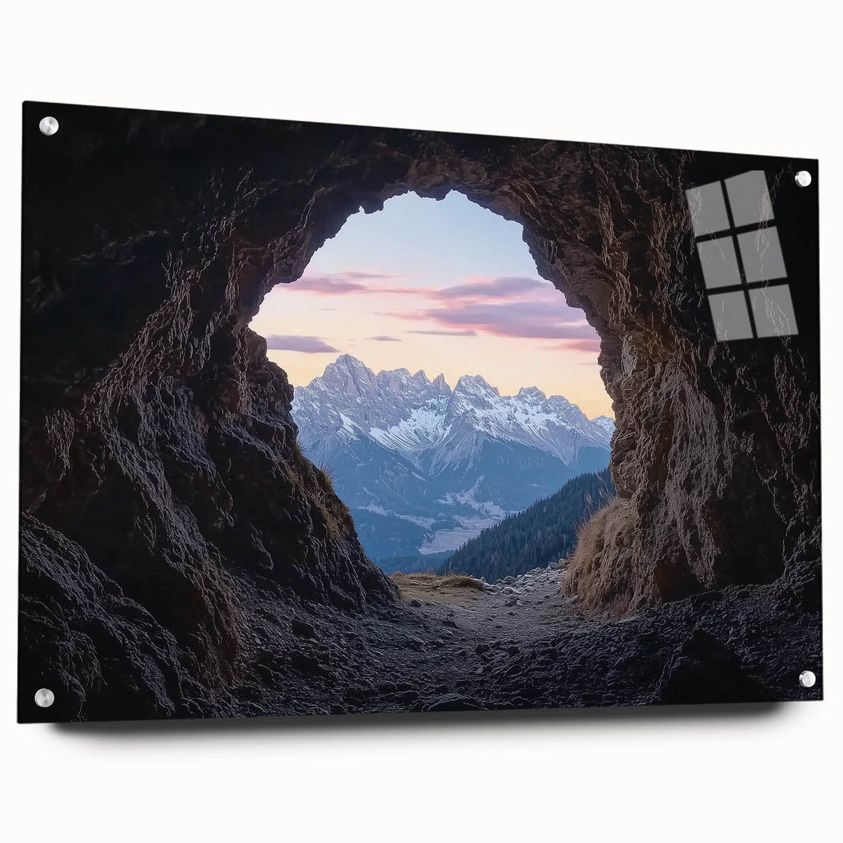 Acrylic glass artwork showcasing a stunning side view of a cave landscape, featuring vibrant colors and intricate details, mounted with decorative pins for display.