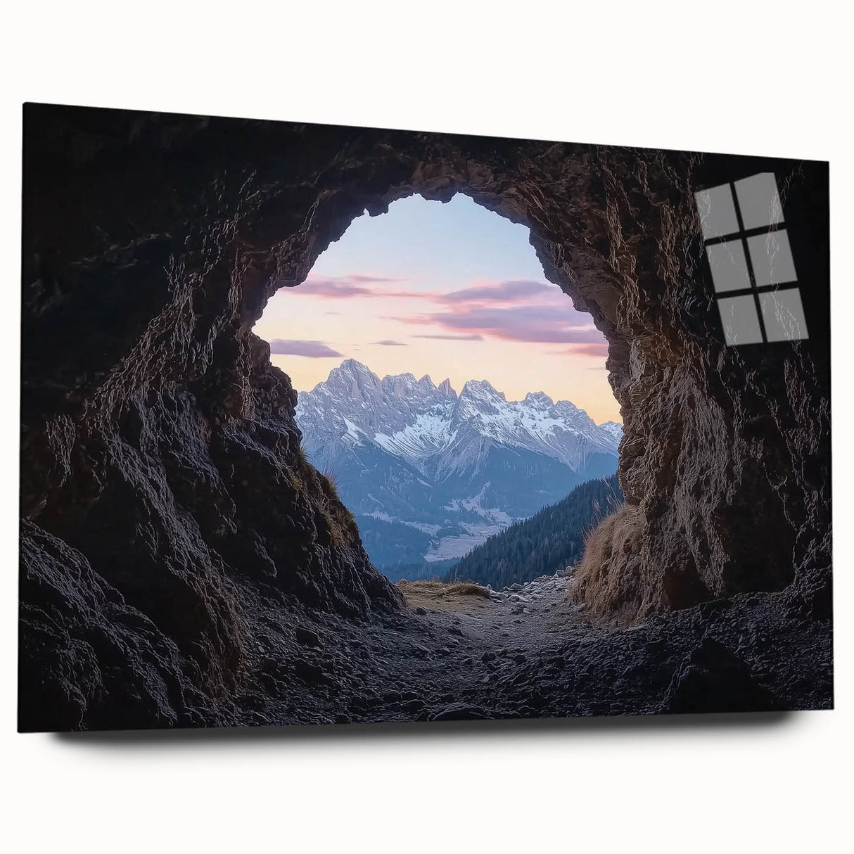 Acrylic glass artwork showcasing a stunning cave landscape in a side view, highlighting intricate details and vibrant colors, perfect for modern decor.