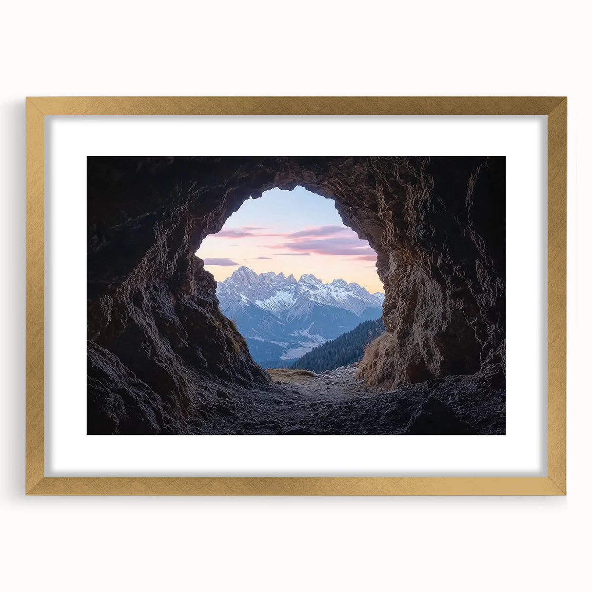 Gold-framed landscape art print depicting a serene cave scene, elegantly matted for added depth, perfect for home decor or art collectors seeking unique wall accents.