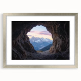 Framed landscape artwork featuring a cave scene with a silver mat, showcasing rich earthy tones and intricate details, perfect for home decor enhancement.