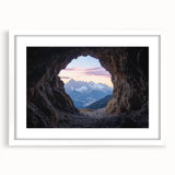 Framed landscape artwork showcasing a stunning cave scene, featuring vibrant colors and intricate details, presented in a sleek white mat and frame for an elegant display. Perfect for enhancing modern home decor.