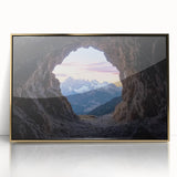 Framed acrylic artwork depicting a stunning landscape with intricate cave formations, highlighted by a luxurious gold frame, perfect for enhancing modern decor.