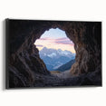 Framed black canvas artwork depicting a dramatic cave landscape, showcasing rich textures and earthy tones, ideal for home decor or nature enthusiasts.