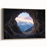 Framed canvas artwork depicting a stunning cave landscape with warm gold accents, ideal for enhancing home decor in modern or rustic settings.