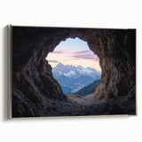 Framed canvas artwork depicting a dramatic cave landscape with silver accents, showcasing intricate details and vibrant colors, ideal for enhancing home decor.