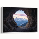 Framed canvas art depicting a serene cave landscape, showcasing earthy tones and intricate details, with a white frame enhancing its visual appeal. Perfect for nature lovers and home decor enthusiasts.