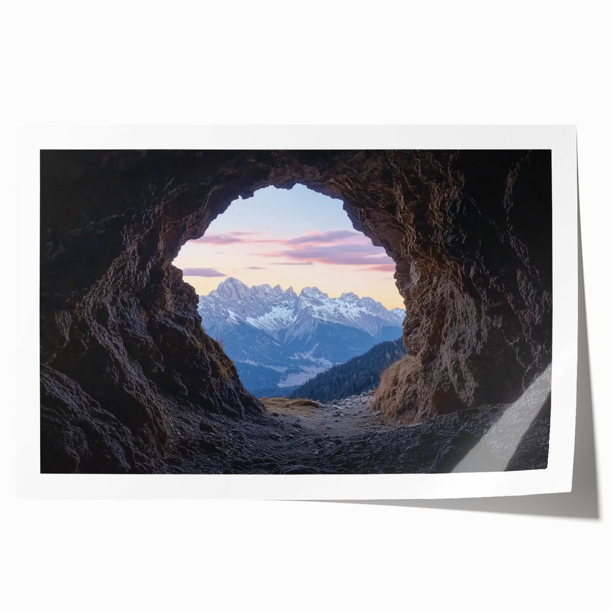 Stunning rolled print showcasing a vibrant landscape with caves, featuring rich colors and intricate details, ideal for home decor and art enthusiasts.