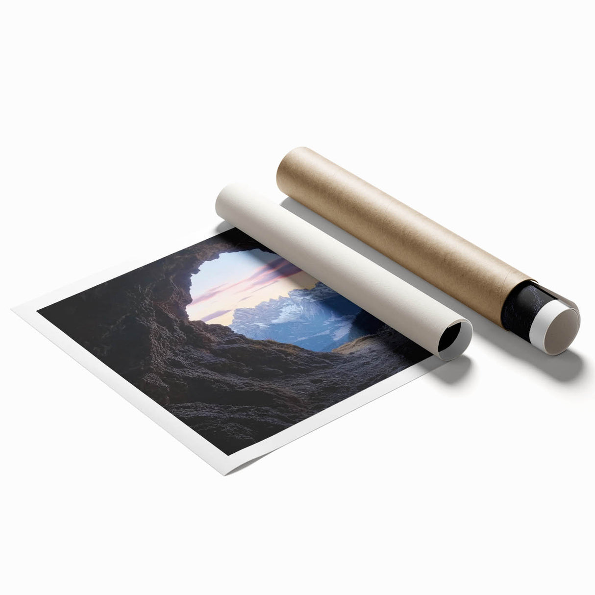 Rolled print showcasing an abstract landscape with cave formations, featuring earthy tones of brown and green, elegantly packaged in a protective cardboard tube for delivery.