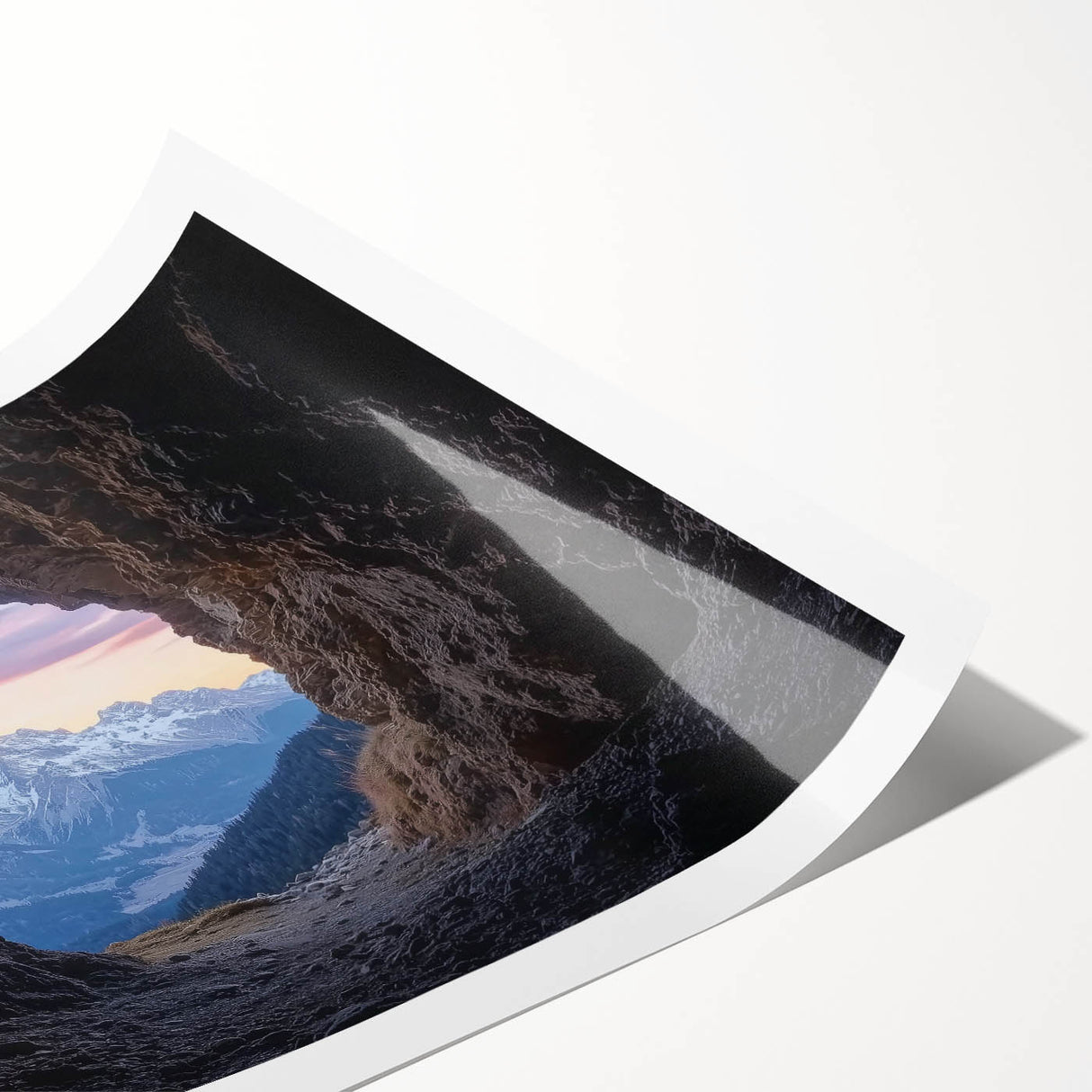 Vibrant rolled print showcasing an intricate landscape design with caves, perfect for home decor. Ideal for art enthusiasts seeking unique wall art.