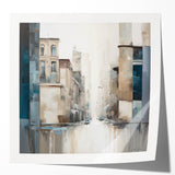 Abstract architecture wall art print showcasing vibrant geometric shapes and lines in shades of blue and orange, designed to enhance modern interiors.