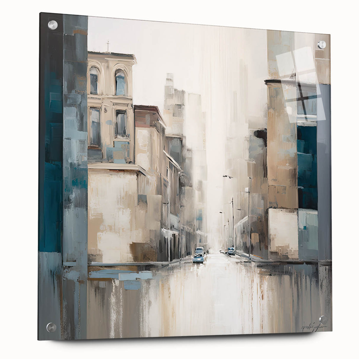 Abstract architectural wall art displayed in a side view, featuring acrylic glass with visible pins, showcasing modern design elements in a minimalist aesthetic.