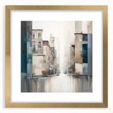 Abstract architecture wall art framed with a gold mat, showcasing geometric shapes and modern design elements, perfect for contemporary home decor.