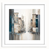 Abstract architecture wall art framed with a white mat, showcasing a modern design that blends geometric shapes and soft colors, ideal for contemporary decor.