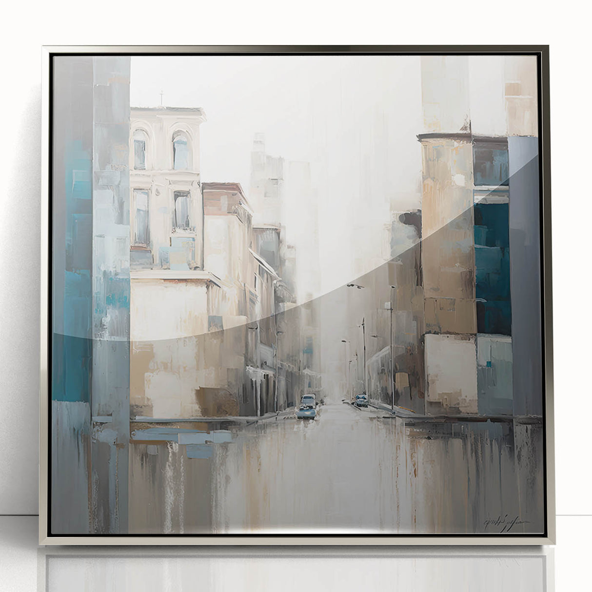 Framed abstract architecture wall art in silver acrylic, showcasing geometric shapes and dynamic lines, perfect for modern home decor or office settings.