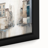 Abstract architecture wall art featuring geometric patterns in shades of blue and gold, displayed in a sleek black frame, perfect for modern home decor.